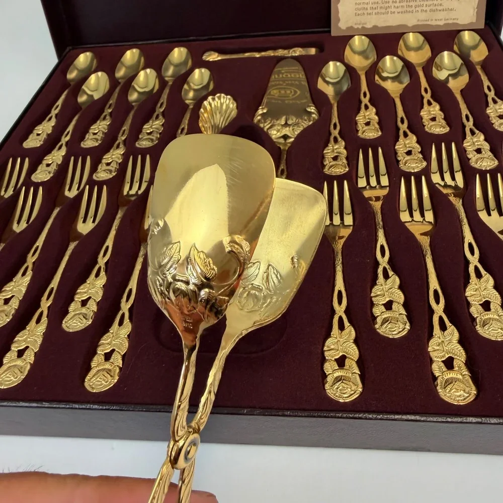 Solingen 23/24K Gold Plated Hostess Flatware Set 28pc Rose Pattern West Germany